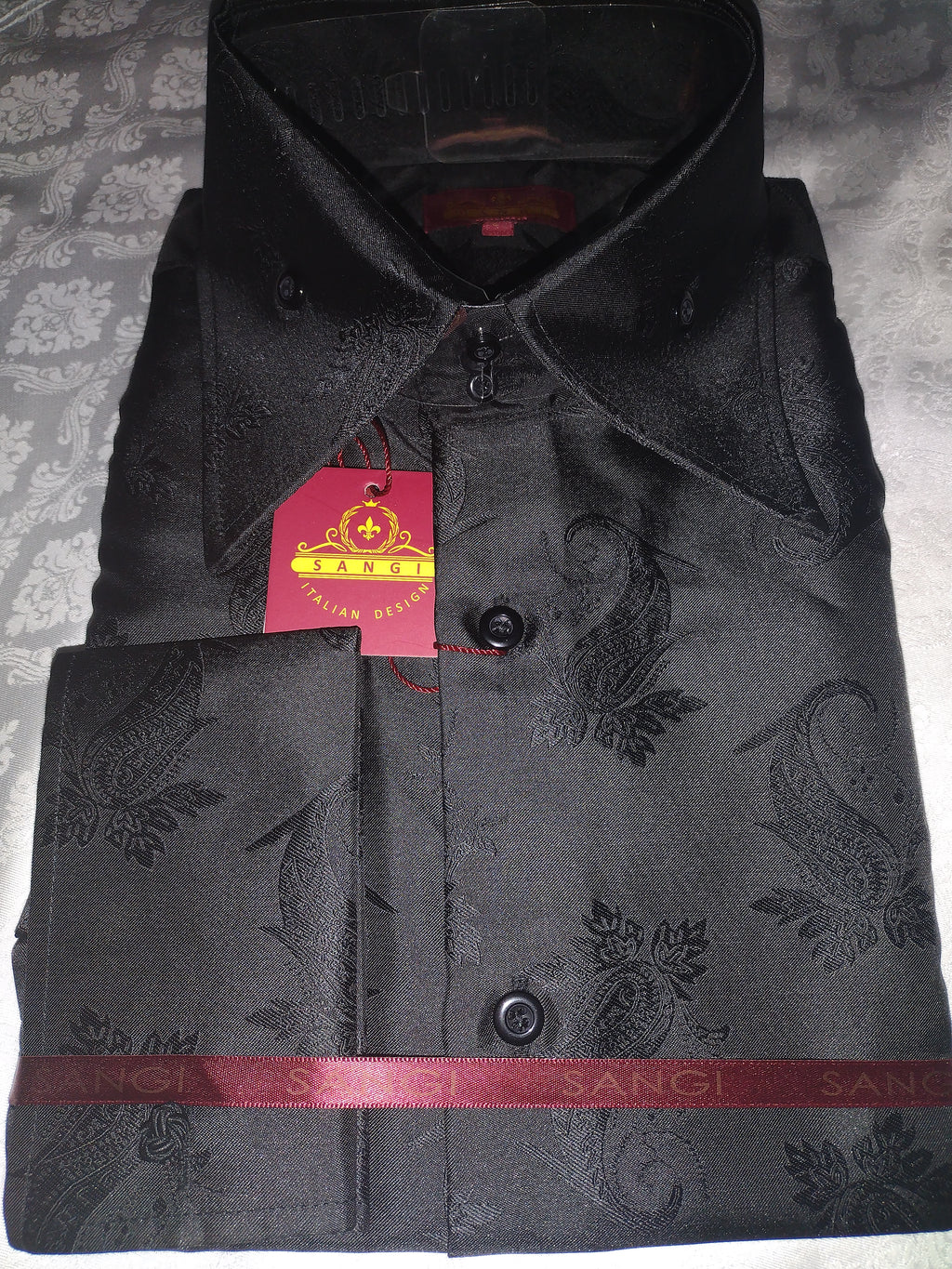 Mens Matte Black Paisley High Collar French Cuff Shirt SANGI SORRENTO COLL. 3003