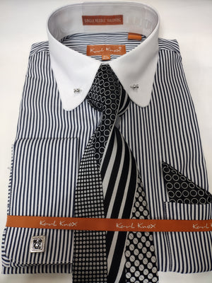 Mens Two Tone Striped Black White Collar + Collar Bar French Cuff Dress Shirt Tie Set Karl Knox SX4517