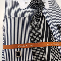 Mens Two Tone Striped Black White Collar + Collar Bar French Cuff Dress Shirt Tie Set Karl Knox SX4517