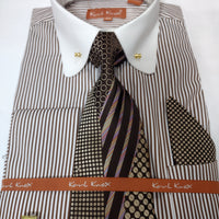 Mens Two Tone Striped Brown Cream + Collar Bar French Cuff Dress Shirt Tie Set Karl Knox SX4517