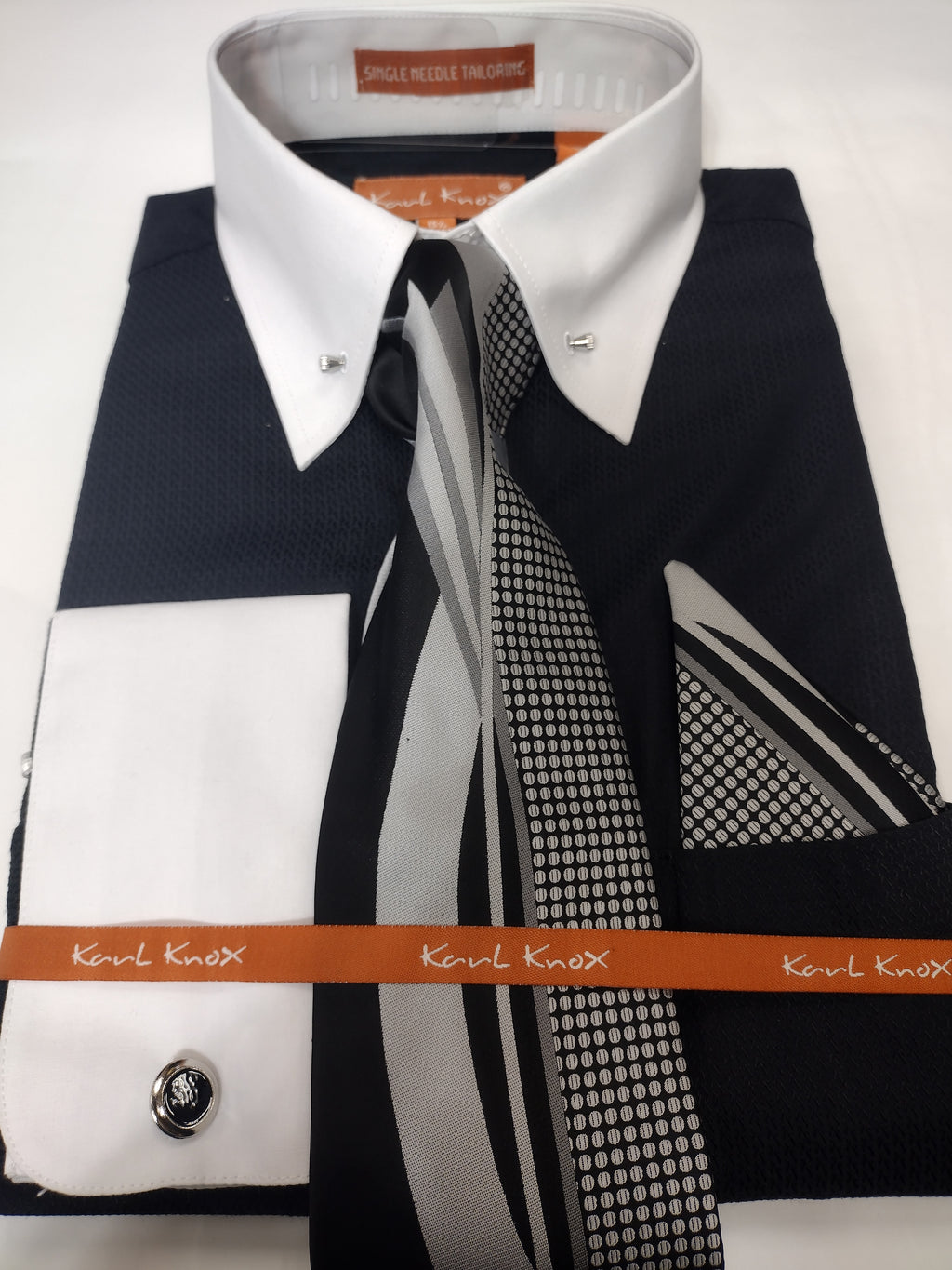 Mens Two Tone Black White Collar + Collar Bar French Cuff Dress Shirt | Nader Fashion Las Vegas Mens Two Tone Black White Collar + Collar Bar French Cuff Dress Shirt | Nader Fashion Las Vegas
