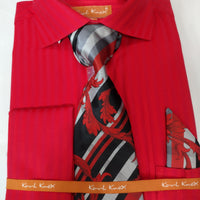 Mens Red Spread Collar Tone on Tone Stripe French Cuff Dress Shirt + Tie Set Karl Knox SX4526