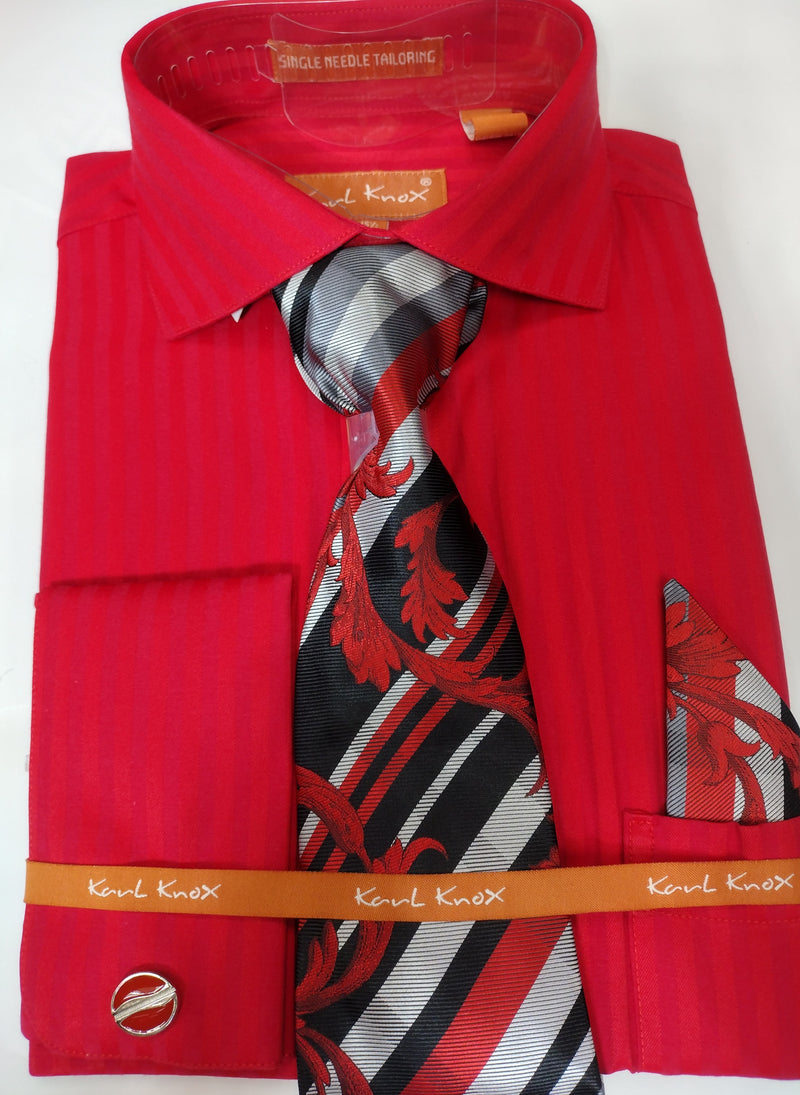 Mens Red Spread Collar Tone on Tone Stripe French Cuff Dress