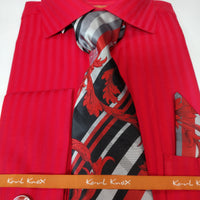 Mens Red Spread Collar Tone on Tone Stripe French Cuff Dress Shirt + Tie Set Karl Knox SX4526