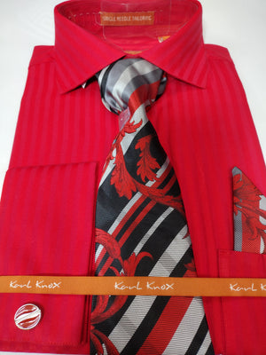 Mens Red Spread Collar Tone on Tone Stripe French Cuff Dress Shirt + Tie Set Karl Knox SX4526