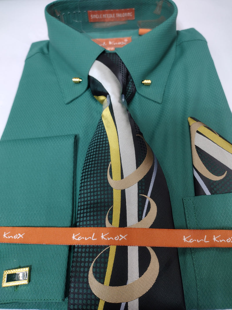 Mens Hunter Green Gold Collar Bar French Cuff Dress Shirt Tie Karl Knox SX4528