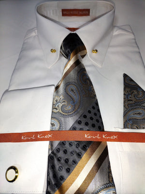 Mens Ivory Cream Eyelet Collar Bar French Cuff Dress Shirt + Tie Karl Knox SX4530