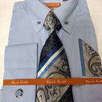 Mens Sky Blue Eyelet Collar Bar French Cuff Dress Shirt + Tie Karl Knox SX4530