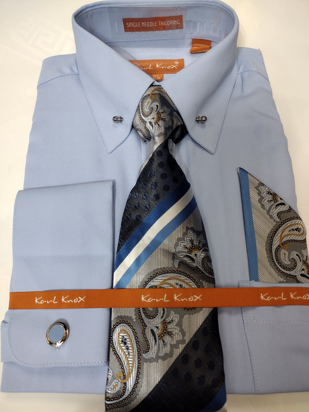 Mens Sky Blue Eyelet Collar Bar French Cuff Dress Shirt + Tie Karl Knox SX4530