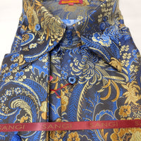 Mens Blue Gold Bird of Paradise High Collar F/C Shirt SANGI SORRENTO COLL. 3021