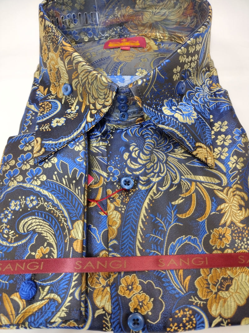 mens blue and gold dress shirt Bird of Paradise High Collar F/C SANGI SORRENTO COLL. 3021 in-store