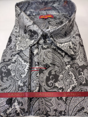 Mens Black Gray Flowery Paisley Designer Jacquard Shirt SANGI SORRENTO COLL. 3018