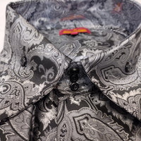 Mens Black Gray Flowery Paisley Designer Jacquard Shirt SANGI SORRENTO COLL. 3018