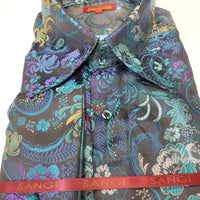 Mens Mardi Gras Purple Teal Bird of Paradise High Collar Jacquard Shirt SANGI SORRENTO COLL. 3024