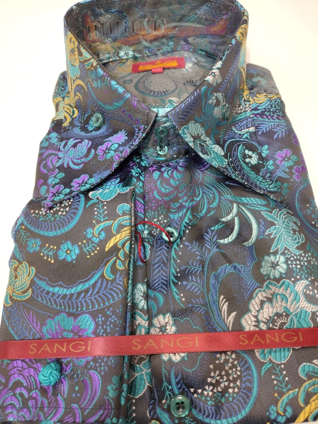 Mens Mardi Gras Purple Teal Bird of Paradise High Collar Jacquard Shirt SANGI SORRENTO COLL. 3024