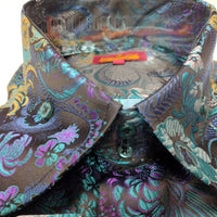 Mens Mardi Gras Purple Teal Bird of Paradise High Collar Jacquard Shirt SANGI SORRENTO COLL. 3024