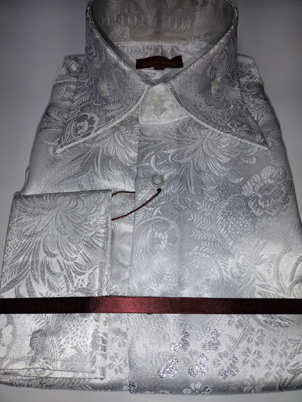 Mens White Silver Bird of Paradise Woven Dress Shirt SANGI SORRENTO COLL. 3023