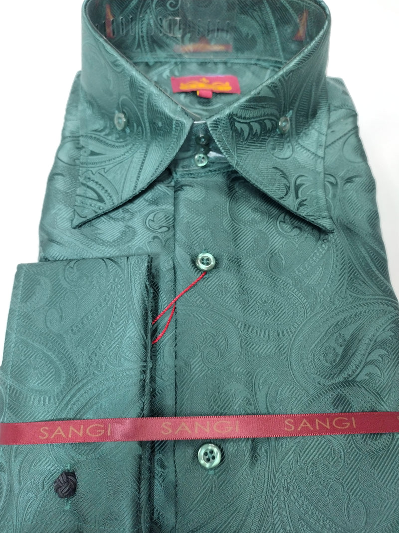 long sleeve emerald green mens dress shirt Sophisticated Paisley High Fashion SANGI SORRENTO COLL. 3013 6XL Medieval Vintage Green Brocade Merlot ensuring that this shirt Color:Silver/Nude