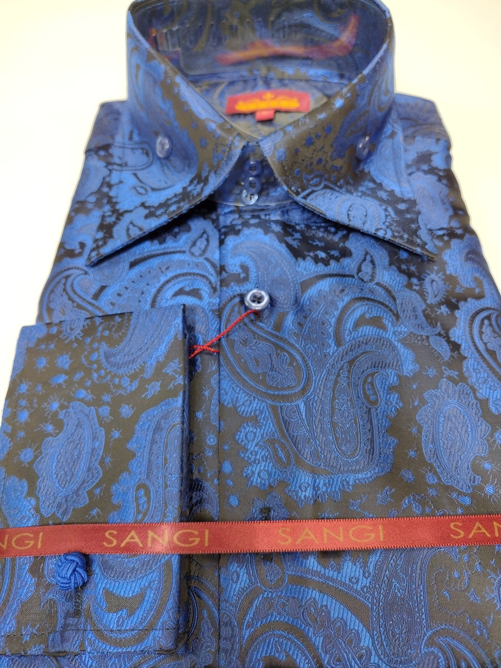 Mens Electric Blue Paisley High Collar Jacquard Shirt SANGI SORRENTO COLL. 3019