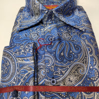 Mens French Blue Silver Foil Imperial Paisley High Collar Shirt SANGI SORRENTO COLL. 3011