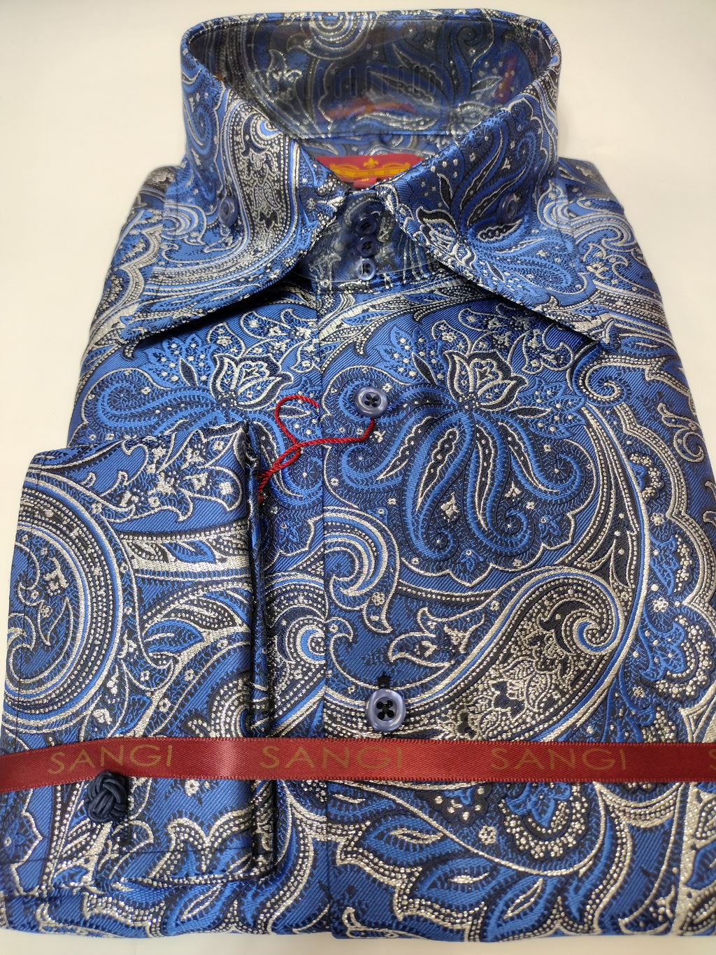 Mens French Blue Silver Foil Imperial Paisley High Collar Shirt SANGI SORRENTO COLL. 3011