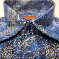 Mens French Blue Silver Foil Imperial Paisley High Collar Shirt SANGI SORRENTO COLL. 3011