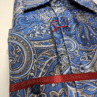 Mens French Blue Silver Foil Imperial Paisley High Collar Shirt SANGI SORRENTO COLL. 3011