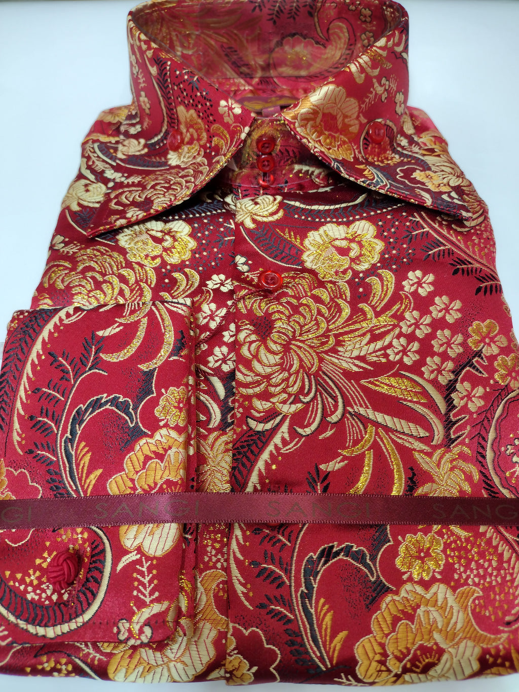 Mens Red Gold Foil Bird of Paradise High Fashion Shirt SANGI SORRENTO COLL. 3022