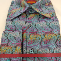 Mens Turquoise Colorful Paisley High Collar F/C Shirt SANGI SORRENTO COLL. 3010