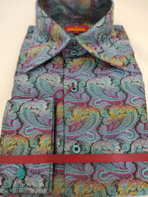 Mens Turquoise Colorful Paisley High Collar F/C Shirt SANGI SORRENTO COLL. 3010