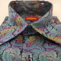 Mens Turquoise Colorful Paisley High Collar F/C Shirt SANGI SORRENTO COLL. 3010