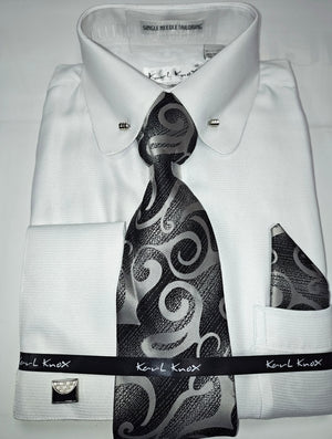 Mens White Eyelet Collar Bar French Cuff Dress Shirt + Tie Set Karl Knox SX4543 L 16.5" Collar - 36/37" Sleeve Mens White Eyelet Collar Bar French Cuff Dress Shirt + Tie Set Karl Knox SX4543 L 16.5" Collar - 36/37" Sleeve