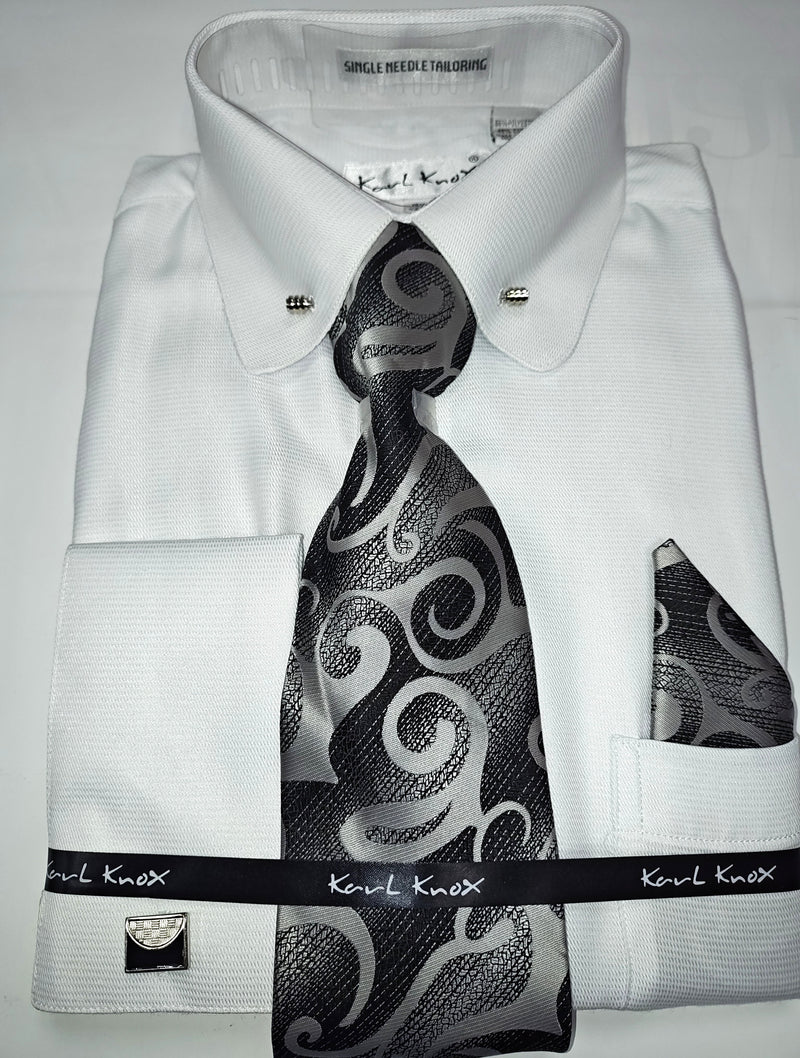 Mens White Eyelet Collar Bar French Cuff Dress Shirt + Tie Set Karl Knox SX4543 L 16.5" Collar - 36/37" Sleeve Mens White Eyelet Collar Bar French Cuff Dress Shirt + Tie Set Karl Knox SX4543 L 16.5" Collar - 36/37" Sleeve