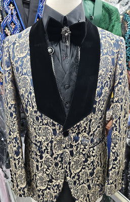 Mens Elegant Navy Blue Damask Black Velvet Collar Formal Dress Jacket BBT3643