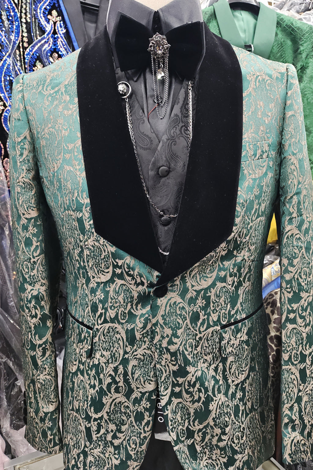 Mens Elegant Hunter Green Damask Black Velvet Collar Formal Dress Jacket BBT3643 40 US Suit Jacket