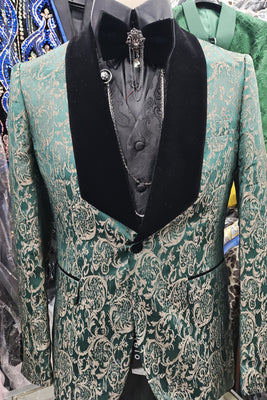 Mens Elegant Hunter Green Damask Black Velvet Collar Formal Dress Jacket BBT3643