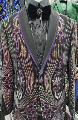 Mens Magnificent Black Purple Sequin Formal Dress Jacket BBT3616-1