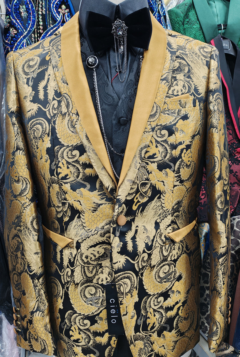 Mens Stunning Gold Dragon Jacquard Formal Dress Jacket BBT3631-1