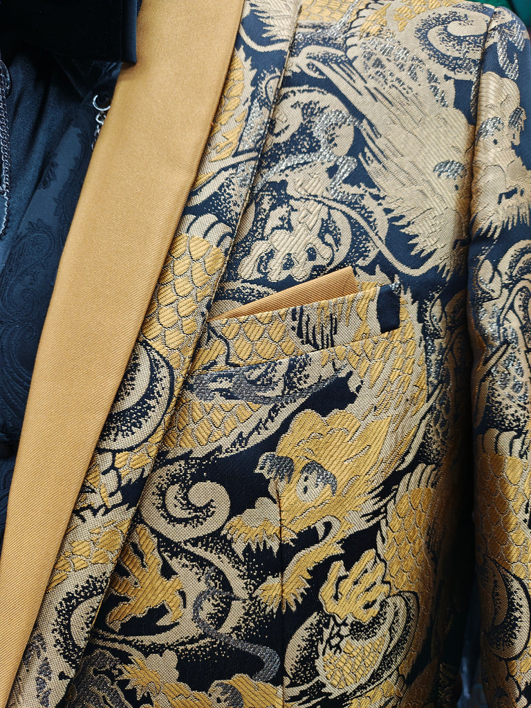 Mens Stunning Gold Dragon Jacquard Formal Dress Jacket BBT3631-1 50 US Suit Jacket - 54 Euro Mens Stunning Gold Dragon Jacquard Formal Dress Jacket BBT3631-1 50 US Suit Jacket - 54 Euro