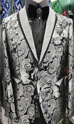 Mens Stunning Black Silver Dragon Jacquard Formal Tux Jacket BBT3631