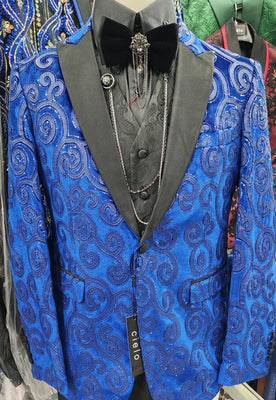 Mens Royal Blue Velvet Sequin Paisley Peak Lapel Formal Dinner Jacket B6362-23