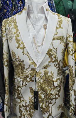 Mens Eleagant White Gold Scroll Jacquard Formal Tux Jacket BBT3580-9