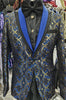Mens Royal Blue Multi Gold Foil Filigree Formal Dress Jacket Shawl Collar BB3683