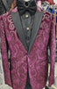 Mens Burgundy Plum Velvet Sequin Paisley Peak Lapel Formal Dinner Jacket B6362-14