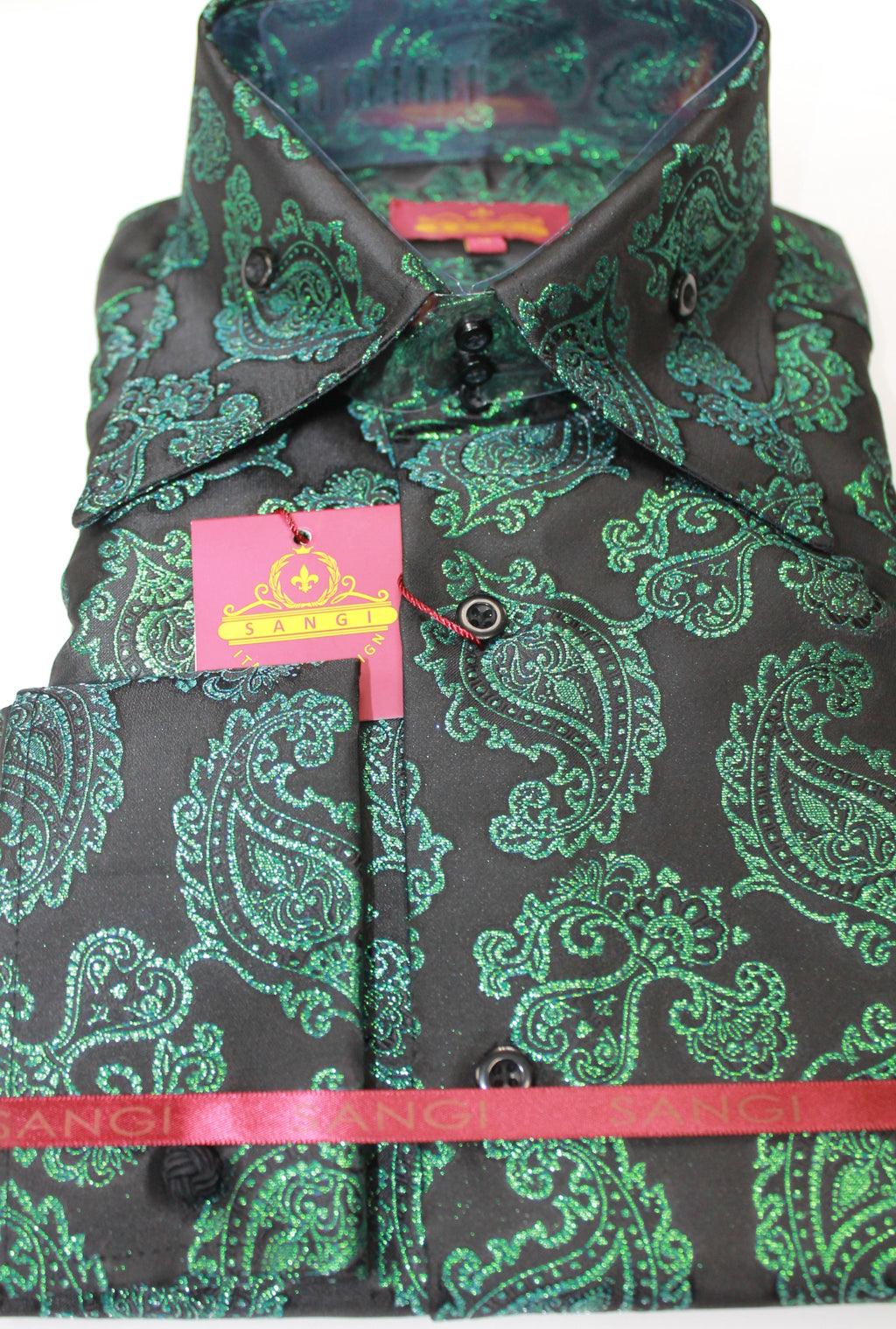 Mens Magnificent Black Green Foil Paisley Design Jacquard Shirt SANGI | Nader Fashion Las Vegas Mens Magnificent Black Green Foil Paisley Design Jacquard Shirt SANGI | Nader Fashion Las Vegas
