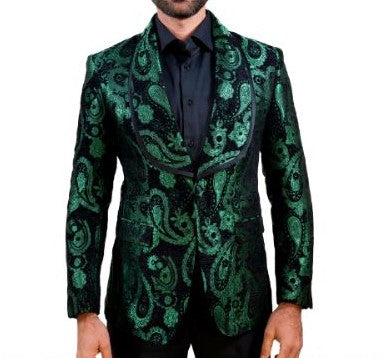 Mens Black Bold Green Brocade Paisley Double Lapel Formal Jacket LOUIS VINO LVB11