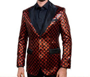 Mens Black Cherry Red Sequin Check Formal Tuxedo Jacket LOUIS VINO LVB12