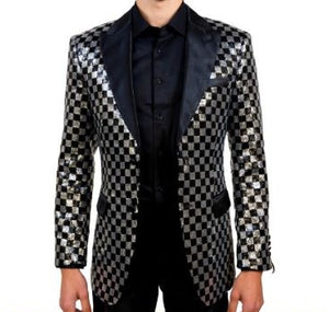 Mens Black Shiny Silver Sequin Check Formal Tuxedo Jacket LOUIS VINO LVB12