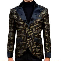 Mens Black Gold Glitter Greek Key High Collar New Design Dress Jacket LOUIS VINO LVB13