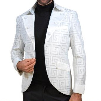 Mens White Silver Glitter Greek Key High Collar New Design Dress Jacket LOUIS VINO LVB13 Mens White Silver Glitter Greek Key High Collar New Design Dress Jacket LOUIS VINO LVB13